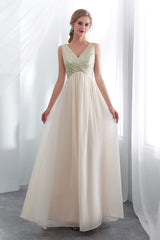 Formal Dress With Embroidered Flowers, Champagne Chiffon Backless Long Prom Dresses with Sequins