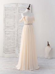 Bridesmaid Dresses Navy Blue, Champagne Chiffon Off Shoulder Long Prom Dress Bridesmaid Dress