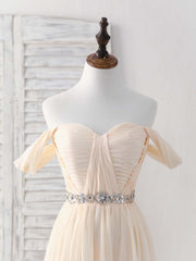 Bridesmaid Dress As Wedding Dress, Champagne Chiffon Off Shoulder Long Prom Dress Bridesmaid Dress