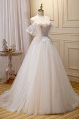 Short Prom Dress, Champagne Floor Length Lace Long Prom Dress, Off the Shoulder Evening Dress