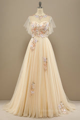 Prom Dress Long Formal Evening Gown, Champagne Floral Embroidery A-line Long Formal Dress