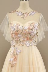 Prom Dresses Country, Champagne Floral Embroidery A-line Long Formal Dress