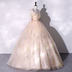 Fantasy Dress, Champagne Floral Tulle Straps Sweetheart Long Party Dress, Ball Gown Sweet 16 Dresses