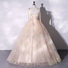 Party Dress Brown, Champagne Floral Tulle Straps Sweetheart Long Party Dress, Ball Gown Sweet 16 Dresses