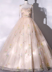Classy Dress Outfit, Champagne Floral Tulle Straps Sweetheart Long Party Dress, Ball Gown Sweet 16 Dresses