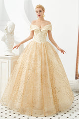 Prom Dress Designs, Champagne Gold Off-the-Shoulder Tulle Ball Gown Sequins Princess Prom Dresses for Girls