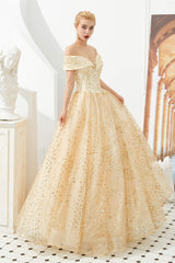 Prom Dresses Website, Champagne Gold Off-the-Shoulder Tulle Ball Gown Sequins Princess Prom Dresses for Girls