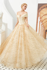 Prom Dress Website, Champagne Gold Off-the-Shoulder Tulle Ball Gown Sequins Princess Prom Dresses for Girls