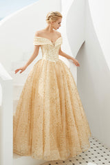 Prom Dresses Websites, Champagne Gold Off-the-Shoulder Tulle Ball Gown Sequins Princess Prom Dresses for Girls