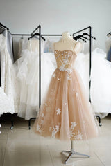 Bow Dress, Champagne Lace Short A-Line Prom Dress, Cute Homecoming Party Dress