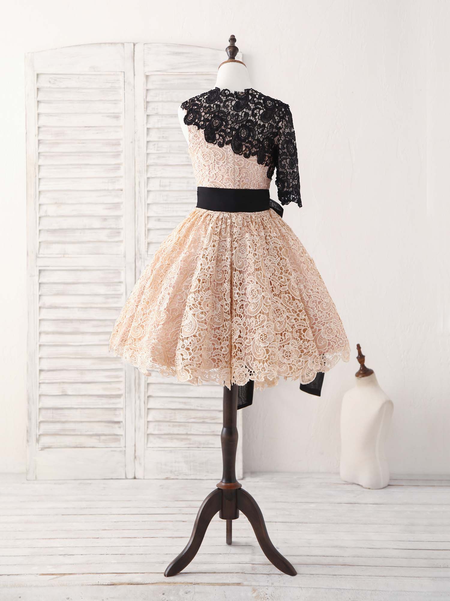 Bridesmaid Dresses Quick Shipping, Champagne Lace Short Prom Dress, Champagne Homecoming Dress