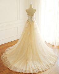 Wedding Dresses For Fall Wedding, Champagne Long A-line Sweetheart Tulle Spaghetti Sweep Train Wedding Dress