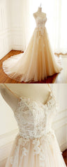 Wedding Dress Petite, Champagne Long A-line Sweetheart Tulle Spaghetti Sweep Train Wedding Dress