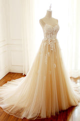 Weddings Dresses Lace, Champagne Long A-line Sweetheart Tulle Spaghetti Sweep Train Wedding Dress