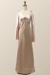 Chiffon Dress, Champagne Long Sleeves Keyhole Bridesmaid Dress