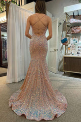 Champagne Mermaid Sequined Backless Prom Dress
