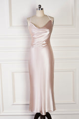 Prom Dresses 2052 Black Girl, Champagne Mermaid Spaghetti Straps Satin Backless Long Bridesmaid Dress
