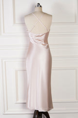 Prom Dress Two Piece, Champagne Mermaid Spaghetti Straps Satin Backless Long Bridesmaid Dress