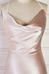 Prom Dresse Two Piece, Champagne Mermaid Spaghetti Straps Satin Backless Long Bridesmaid Dress