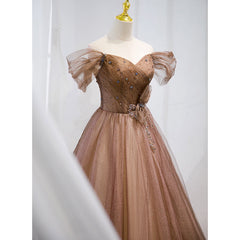 Prom Dress Styles, Champagne Off Shoulder Beaded A-line Tulle Long Party Dress, Long Evening Gown
