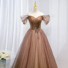 Prom Dresses Style, Champagne Off Shoulder Beaded A-line Tulle Long Party Dress, Long Evening Gown