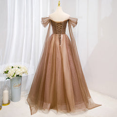 Prom Dress Style, Champagne Off Shoulder Beaded A-line Tulle Long Party Dress, Long Evening Gown