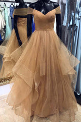 Prom Dresses Patterned, Champagne Off Shoulder Long Prom Dress with Layered Skirt
