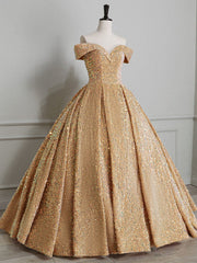 Formal Dresses Long Gowns, Champagne Off Shoulder Sequin Long Prom Dress, Champagne Formal Dress
