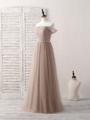 Bachelorette Party Outfit, Champagne Off Shoulder Tulle Long Prom Dress, Champagne Evening Dress