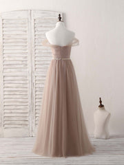 Bride Dress, Champagne Off Shoulder Tulle Long Prom Dress, Champagne Evening Dress