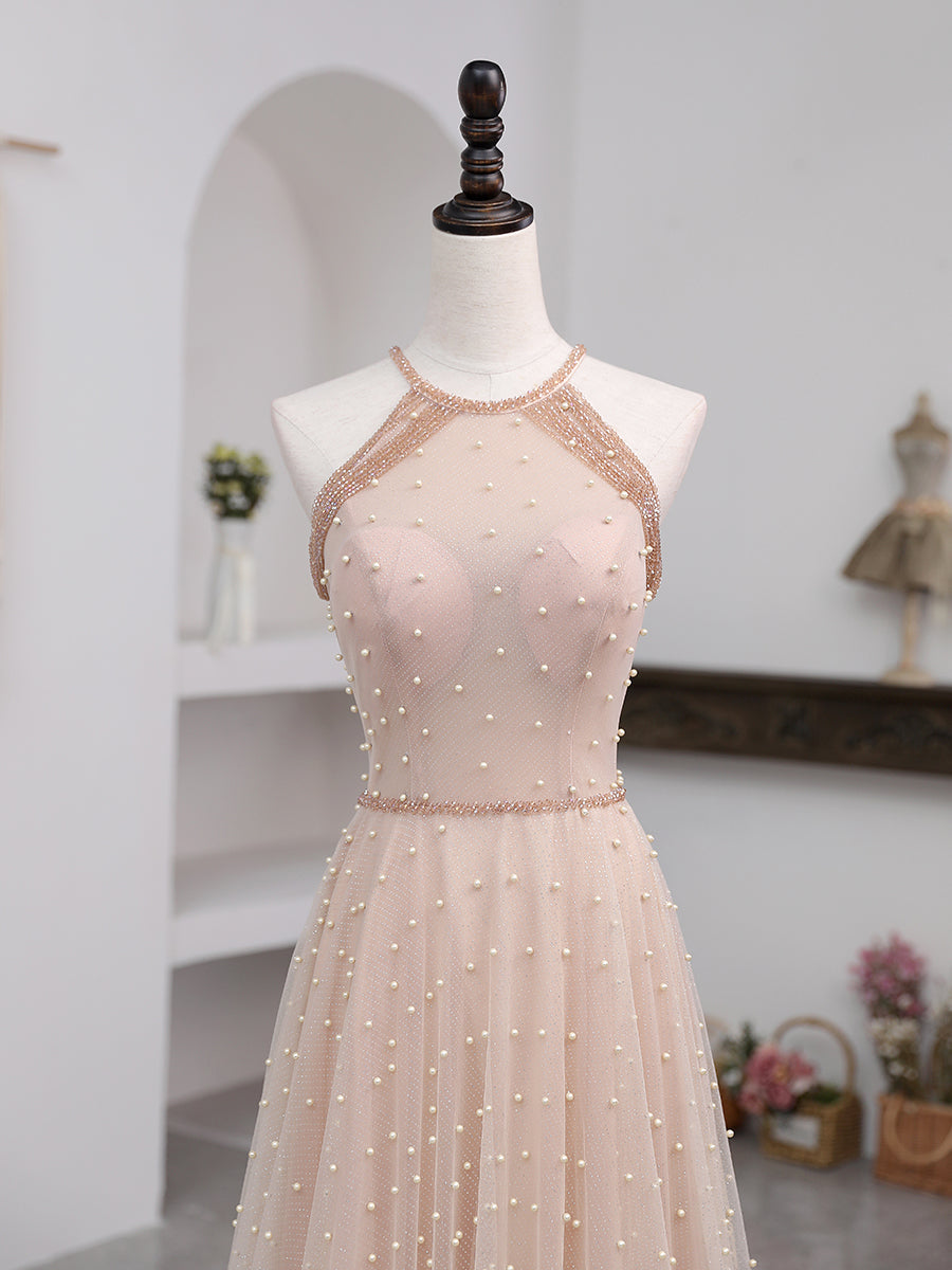 Gala Dress, Champagne Pink Long Prom Dress, A Line Tulle Formal Dress Graduation Dresses