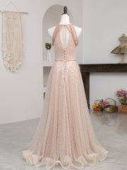 Rustic Wedding Dress, Champagne Pink Long Prom Dress, A Line Tulle Formal Dress Graduation Dresses