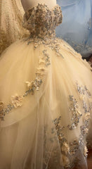 Prom Dress Tight Fitting, Champagne Quince Dress with Flowers Sweet 16 Dresses Off the Shoulder Ball Gown