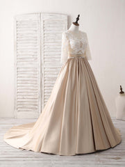 Bridesmaids Dresses Summer Wedding, Champagne Round Neck Satin Lace Long Prom Dress, Evening Dress