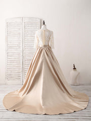 Bridesmaid Dresses Winter, Champagne Round Neck Satin Lace Long Prom Dress, Evening Dress