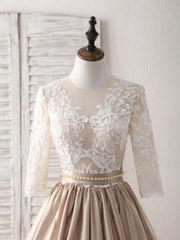 Bridesmaid Dresses Blush, Champagne Round Neck Satin Lace Long Prom Dress, Evening Dress