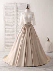 Bridesmaid Dresses Summer Wedding, Champagne Round Neck Satin Lace Long Prom Dress, Evening Dress