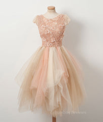 Spring Wedding, Champagne round neck tulle beads short prom dress, homecoming dress
