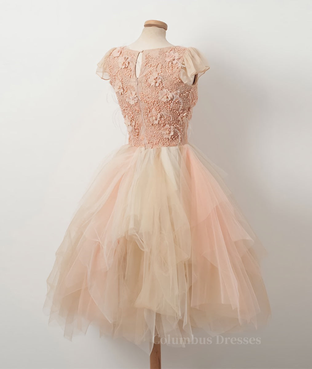 Champagne Bridesmaid Dress, Champagne round neck tulle beads short prom dress, homecoming dress