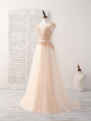 Bridesmaid Dress For Beach Wedding, Champagne Round Neck Tulle Lace Applique Long Prom Dress