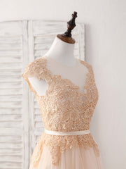 Bridesmaid Dresses For Beach Wedding, Champagne Round Neck Tulle Lace Applique Long Prom Dress