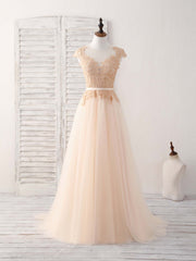 Bridesmaid Dresses Beach Wedding, Champagne Round Neck Tulle Lace Applique Long Prom Dress