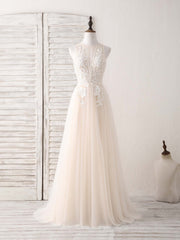 Bridesmaid Dresses By Color, Champagne Round Neck Tulle Lace Applique Long Prom Dress