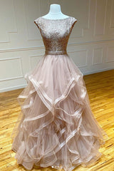 Prom Dress Purple, Champagne round neck tulle lace long prom dress evening dress
