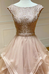Prom Dresses For Curvy Figure, Champagne round neck tulle lace long prom dress evening dress