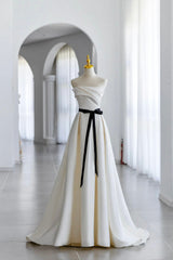 Short White Dress, Champagne Satin Long A-Line Prom Dress, Strapless Formal Evening Dress