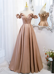 Party Dress Shops, Champagne Satin Long Party Dress Prom Dress, A-line Simple Formal Dress