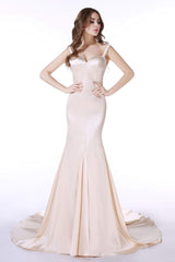 Formal Dress Stores, Champagne Satin Mermaid Spaghetti Straps Prom Dresses With Beading