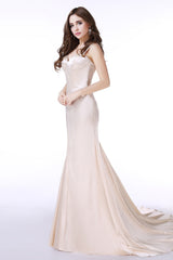 Formal Dress Idea, Champagne Satin Mermaid Spaghetti Straps Prom Dresses With Beading