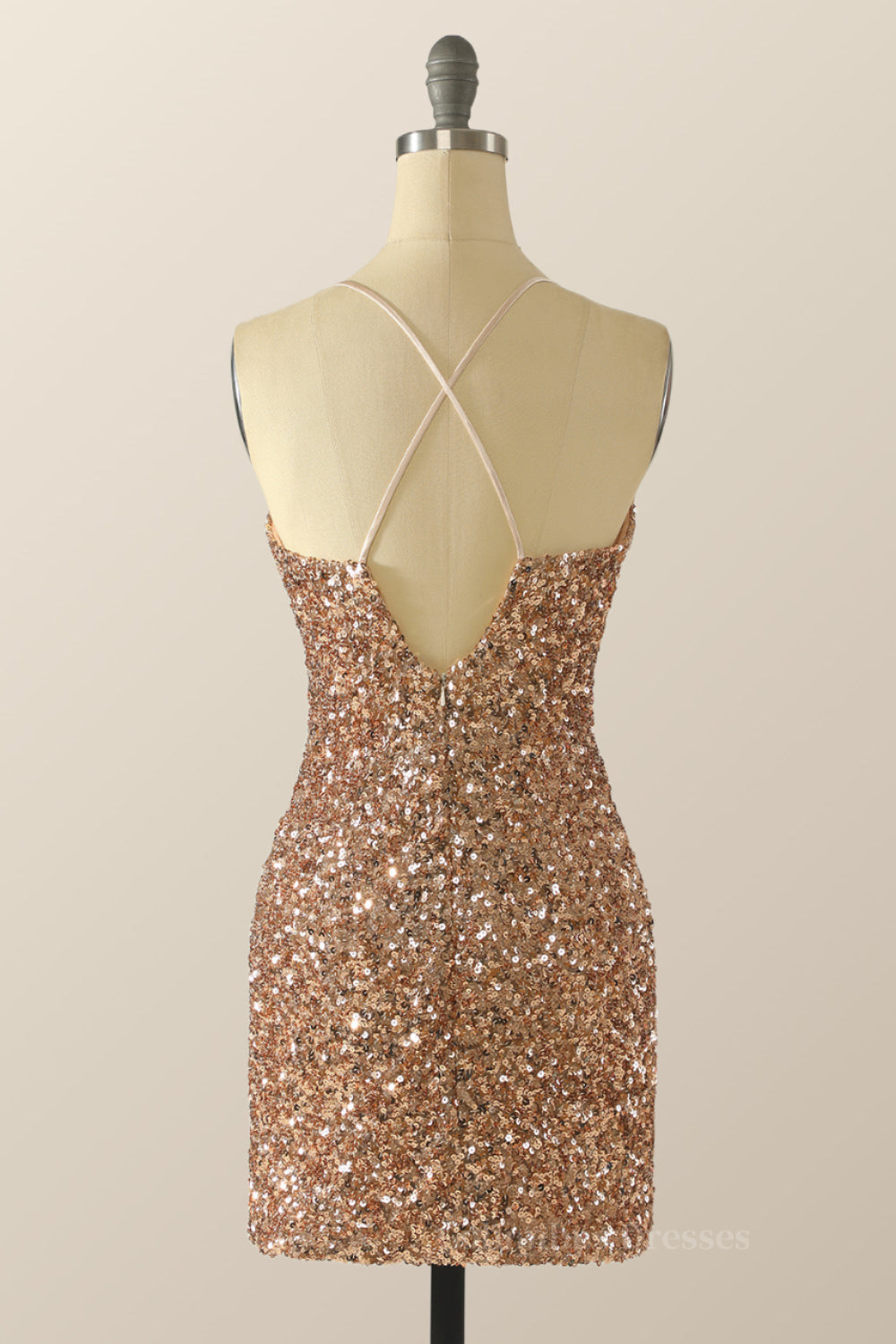 Bridesmaid Dress Style, Champagne Sequin Straps Bodycon Mini Dress